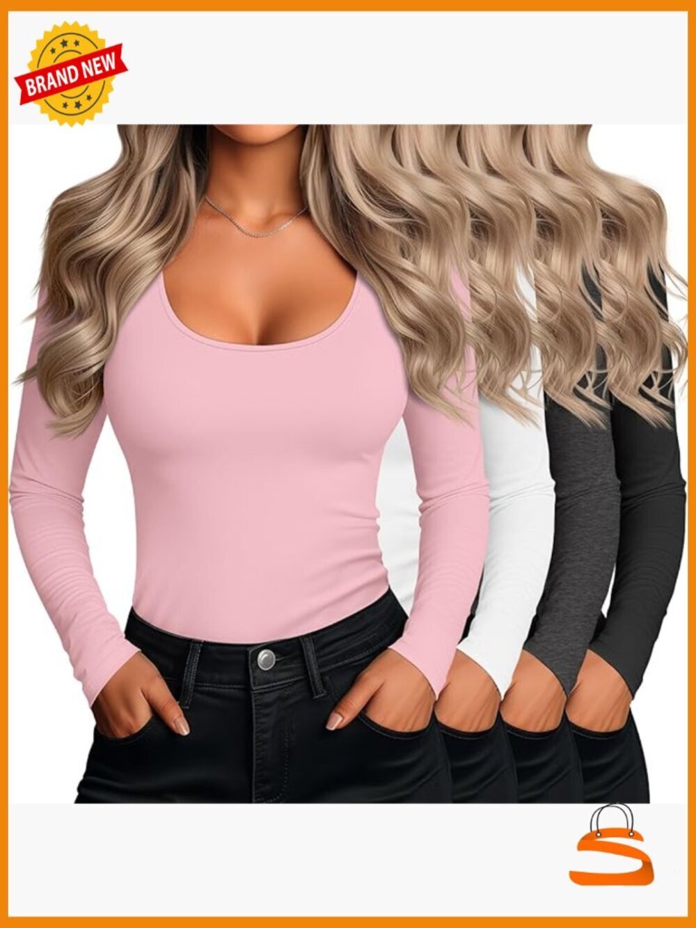4 Pack Long Sleeve Scoop Neck Slim Fit T-Shirts Women's Basic Tee